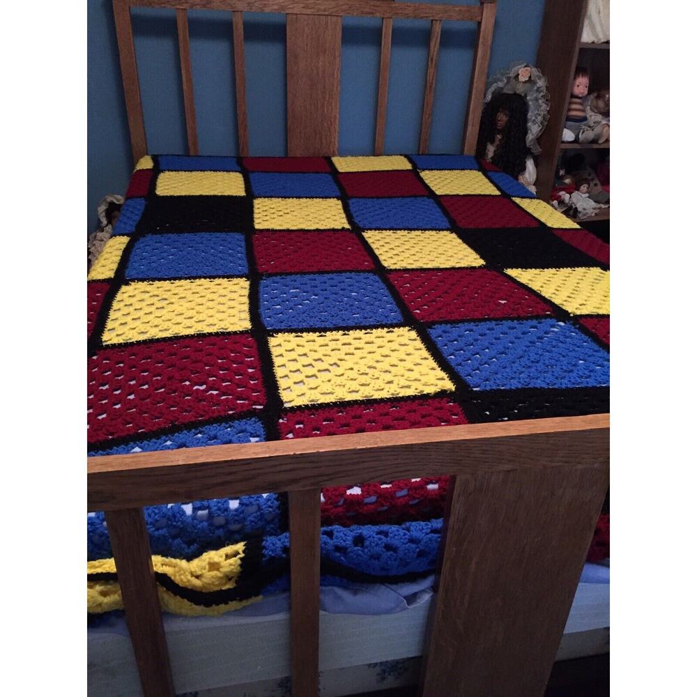 Large 90"x70" Granny Square Crochet Afghan Blanket Yellow Red Blue w/ Black Trim